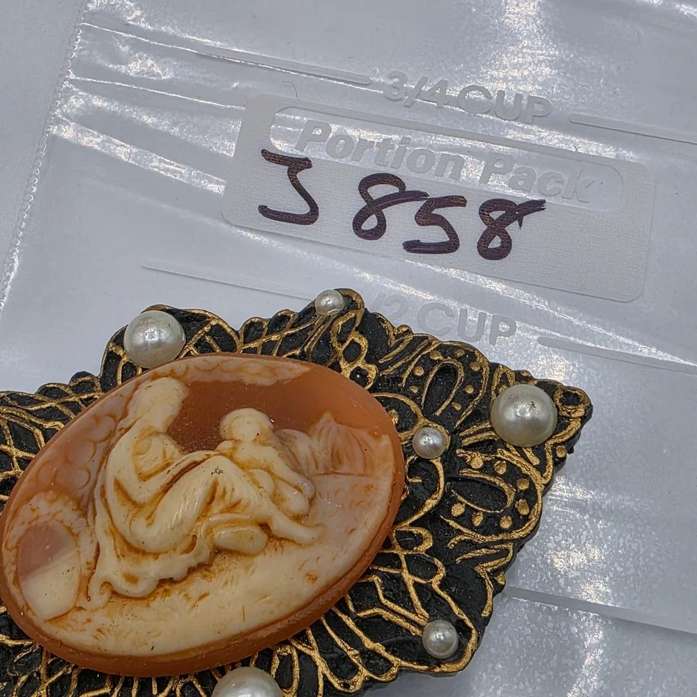 Vintage Style Mother‎ and Child Cameo Brooch Gold Tone Faux Pearl Filigree Pin